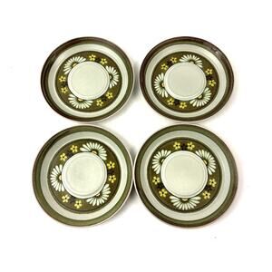 Vintage Mikasa Stonekraft Stoneflower Avocado Green Daisy Saucer Japan Set 4